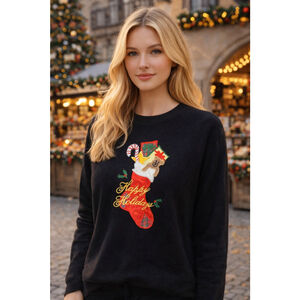 Vintage Black Holiday Stocking Christmas Sweatshirt Carreau Sport Festive Novelt